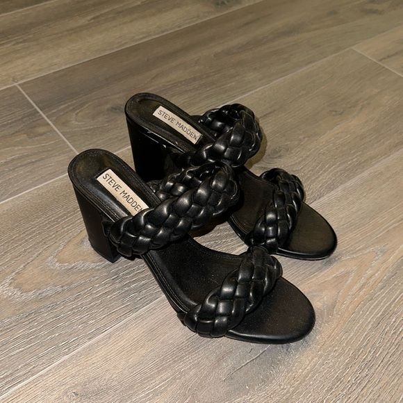 STEVE MADDEN EUC black block braided heel sandals - Picture 1 of 4